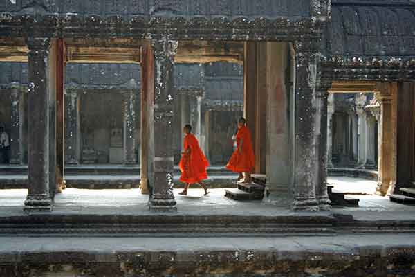 Angkor Wat is a pilgrimage for Buddhist monks worldwide. Angkor Wat monks in Saffron coloured robes
